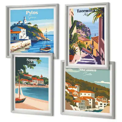 Composizione di 4 quadri illustrazioni raffiguranti città costiere