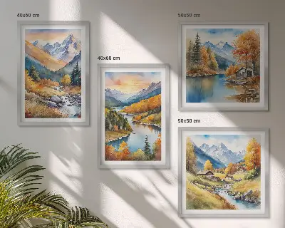 Paesaggio montano con fiume quadro con cornice polittico