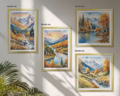 Paesaggio montano con fiume quadro con cornice polittico