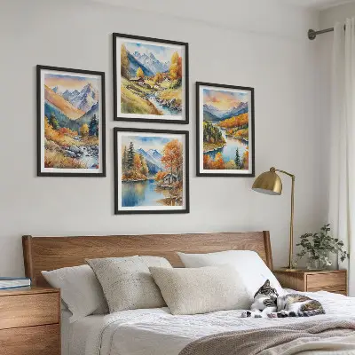 Paesaggio montano con fiume quadro con cornice polittico