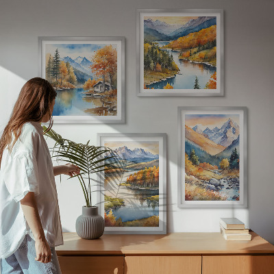 Galleria a parete viste sulle montagne fiume autunnale