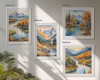 Galleria a parete con vista su montagne e fiume in autunno