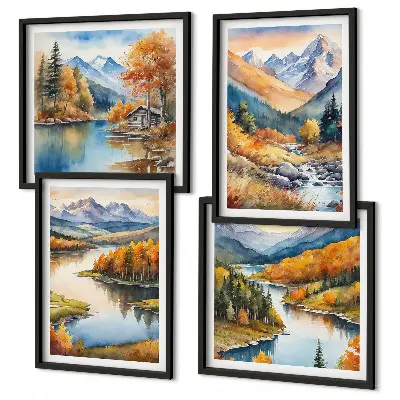 Galleria a parete con vista su montagne e fiume in autunno