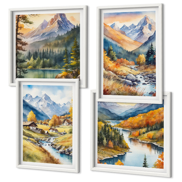 Composizione di 4 quadri Paesaggio montano, fiume, casette