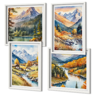 Composizione di 4 quadri Paesaggio montano, fiume, casette