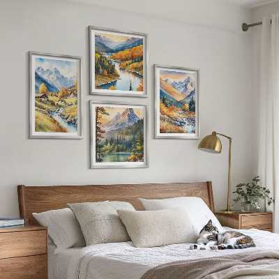 Composizione di 4 quadri Paesaggio montano, fiume, casette
