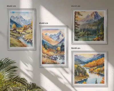 Composizione di 4 quadri paesaggio montano con fiume e casette
