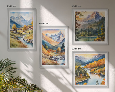 Composizione di 4 quadri Paesaggio montano, fiume, casette
