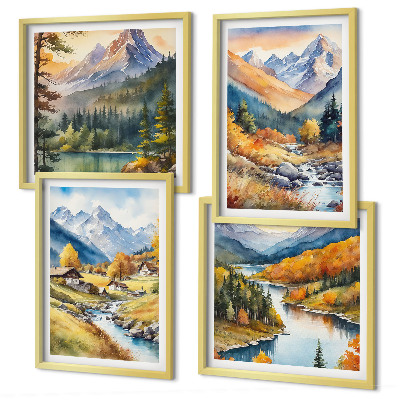 Composizione di 4 quadri Paesaggio montano, fiume, casette