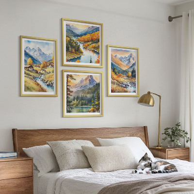 Composizione di 4 quadri Paesaggio montano, fiume, casette