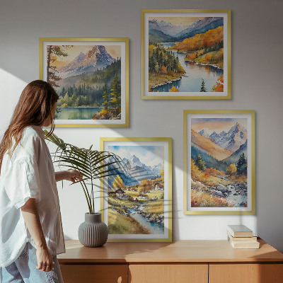Composizione di 4 quadri Paesaggio montano, fiume, casette
