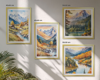Composizione di 4 quadri Paesaggio montano, fiume, casette