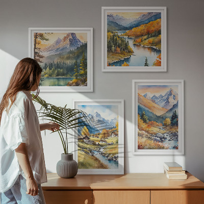 Composizione di 4 quadri Paesaggio montano, fiume, casette