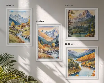 Composizione di 4 quadri paesaggio montano con fiume e casette