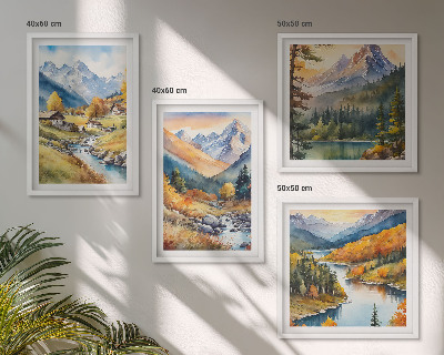 Composizione di 4 quadri Paesaggio montano, fiume, casette