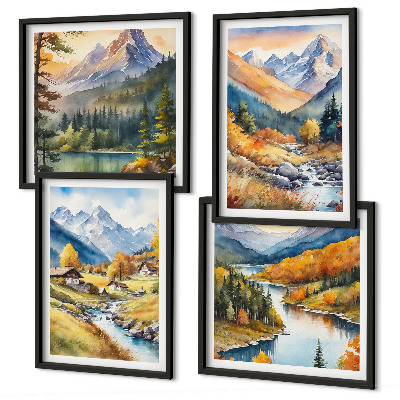 Composizione di 4 quadri Paesaggio montano, fiume, casette