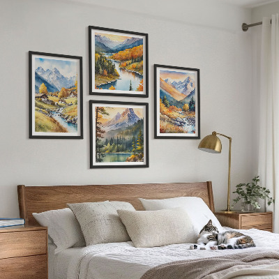 Composizione di 4 quadri Paesaggio montano, fiume, casette