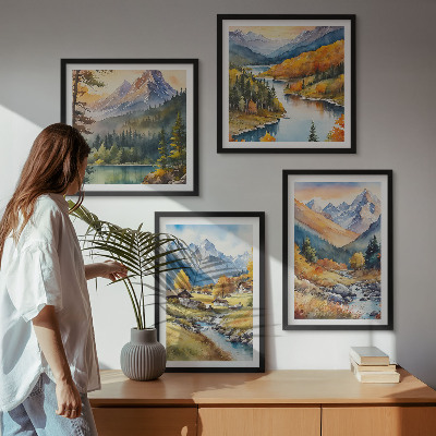 Composizione di 4 quadri Paesaggio montano, fiume, casette