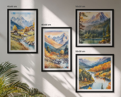 Composizione di 4 quadri Paesaggio montano, fiume, casette