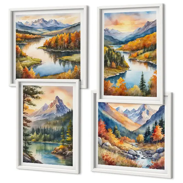 Composizione di 4 quadri con paesaggi montani e fiume