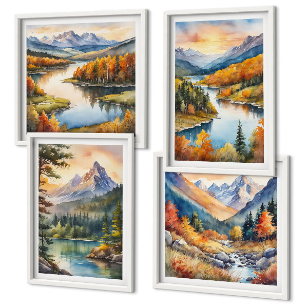 Composizione di 4 quadri Paesaggi montani con un fiume