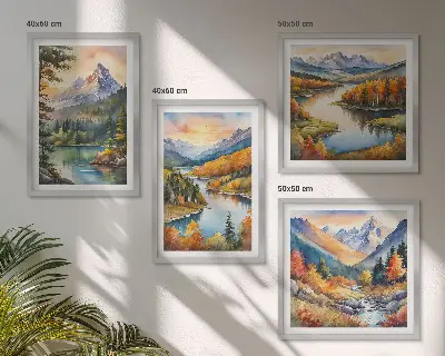 Composizione di 4 quadri con paesaggi montani e fiume