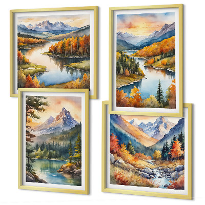 Composizione di 4 quadri Paesaggi montani con un fiume