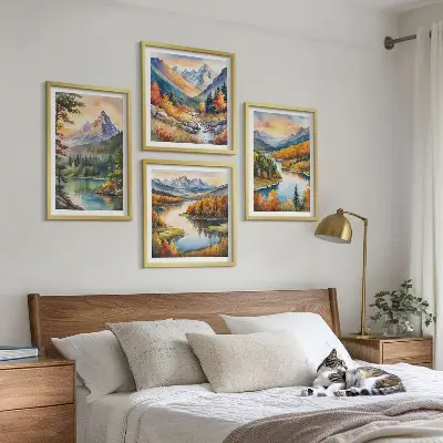 Composizione di 4 quadri con paesaggi montani e fiume