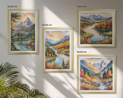 Composizione di 4 quadri con paesaggi montani e fiume