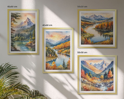 Composizione di 4 quadri Paesaggi montani con un fiume