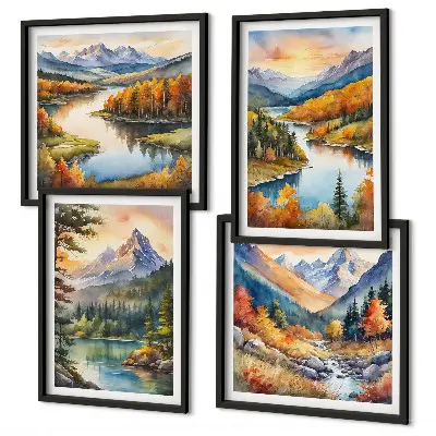 Composizione di 4 quadri con paesaggi montani e fiume