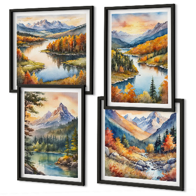 Composizione di 4 quadri Paesaggi montani con un fiume