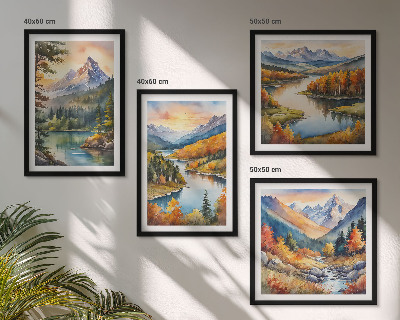 Composizione di 4 quadri Paesaggi montani con un fiume