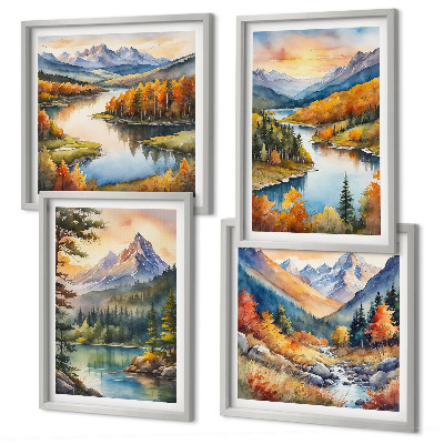 Composizione di 4 quadri Paesaggi montani con un fiume