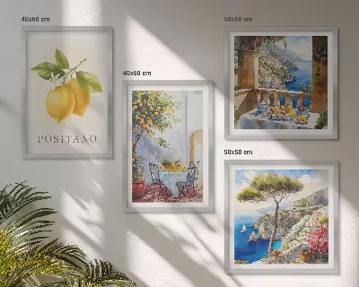 Galleria a parete con vedute dell'architettura dei limoni di Positano