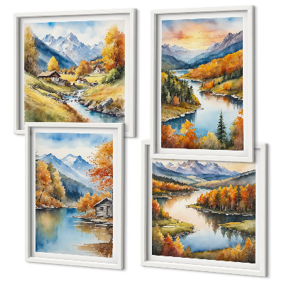 Composizione di 4 quadri baita sul fiume in montagna in autunno