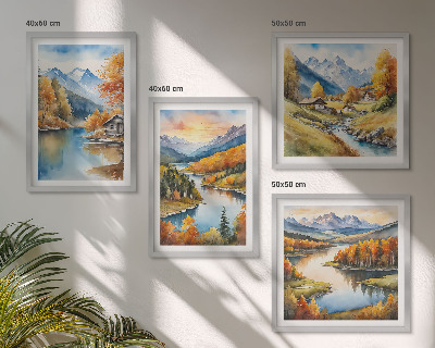 Composizione di 4 quadri baita sul fiume in montagna in autunno