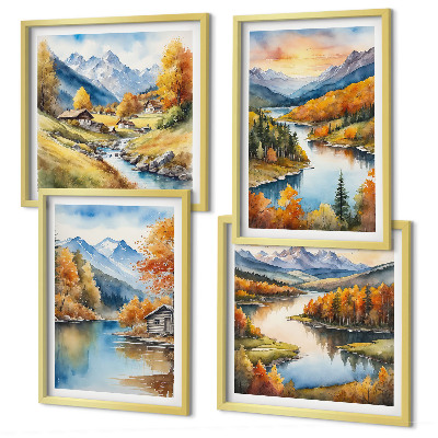 Composizione di 4 quadri baita sul fiume in montagna in autunno