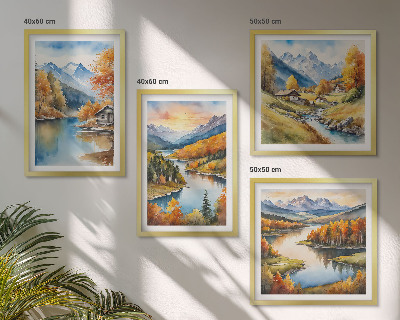 Composizione di 4 quadri baita sul fiume in montagna in autunno