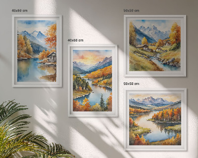Composizione di 4 quadri baita sul fiume in montagna in autunno
