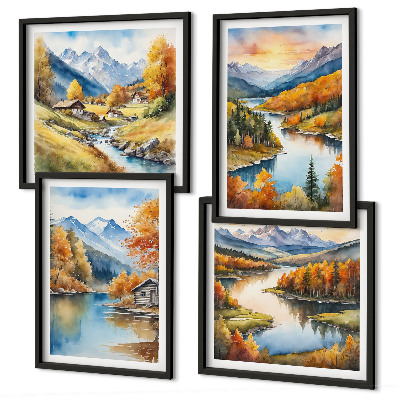 Composizione di 4 quadri baita sul fiume in montagna in autunno