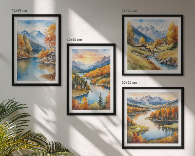 Composizione di 4 quadri baita sul fiume in montagna in autunno