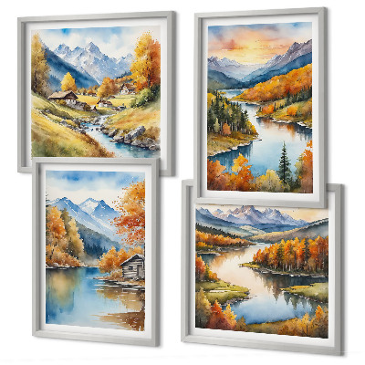 Composizione di 4 quadri baita sul fiume in montagna in autunno