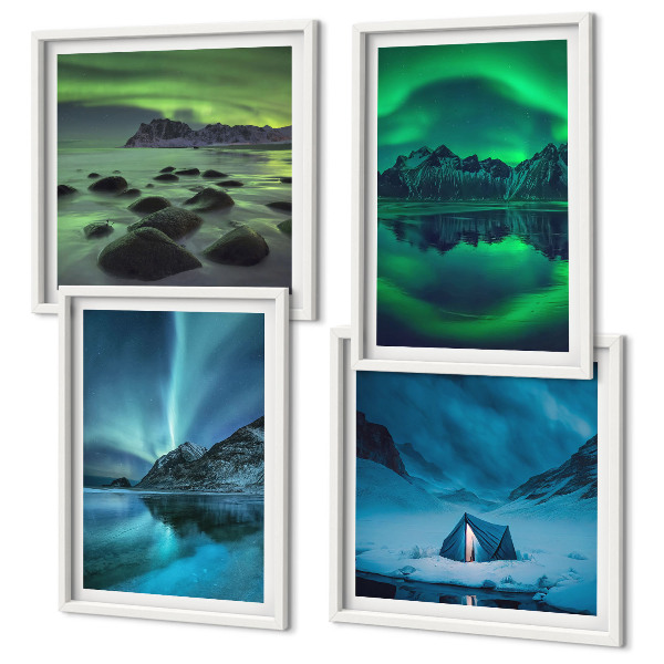 Composizione di 4 quadri Paesaggio invernale con aurora boreale