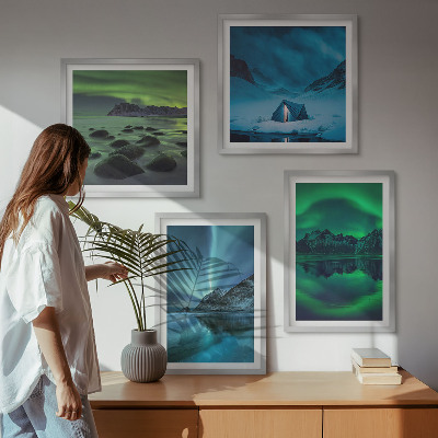 Composizione di 4 quadri Paesaggio invernale con aurora boreale