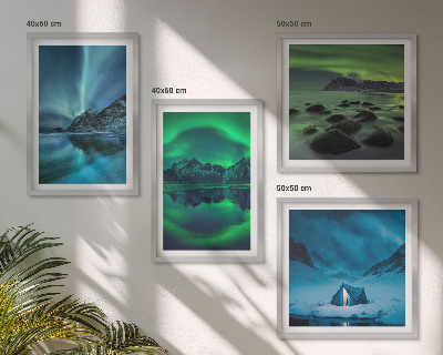 Composizione di 4 quadri Paesaggio invernale con aurora boreale