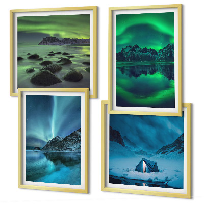 Composizione di 4 quadri Paesaggio invernale con aurora boreale