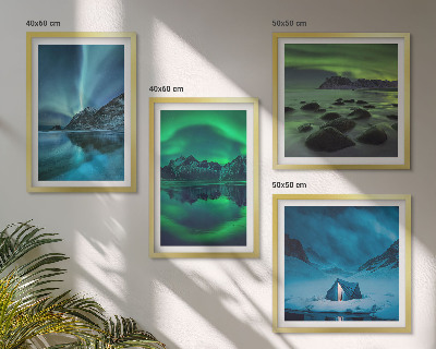 Composizione di 4 quadri Paesaggio invernale con aurora boreale