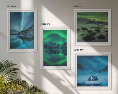 Paesaggio invernale con aurora boreale composizione di 4 quadri
