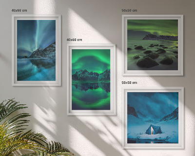 Composizione di 4 quadri Paesaggio invernale con aurora boreale